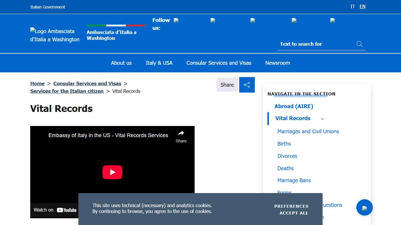 Vital Records – Ambasciata d'Italia a Washington