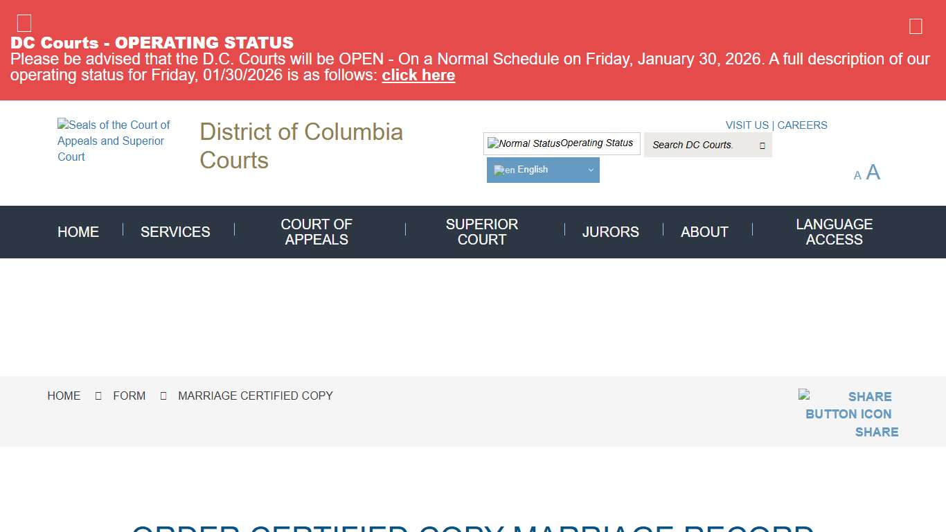 Marriage Certified Copy District of Columbia Courts
